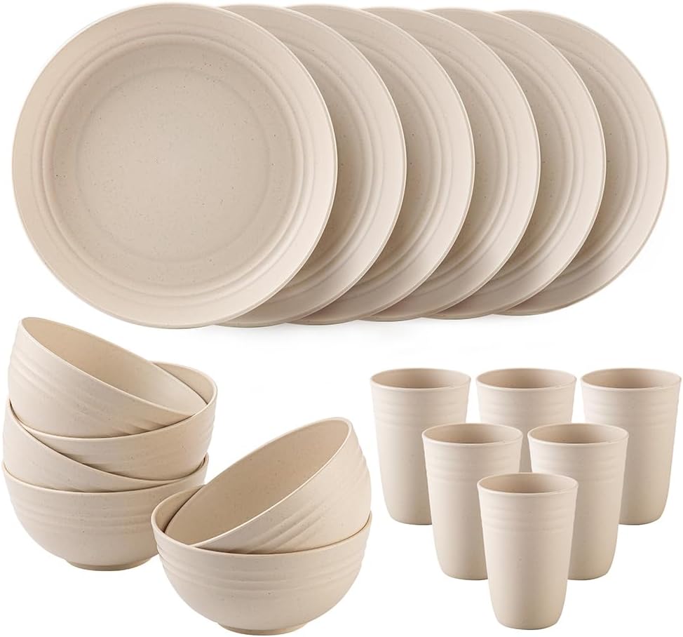 18PCS Wheat Straw Dinnerware Set - Unbreakable, Microwave & Dishwasher Safe Plates, Bowls, Cups for Kitchen & Outdoor Dining