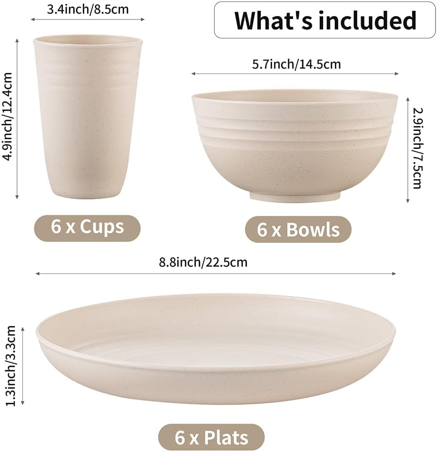 18PCS Wheat Straw Dinnerware Set - Unbreakable, Microwave & Dishwasher Safe Plates, Bowls, Cups for Kitchen & Outdoor Dining