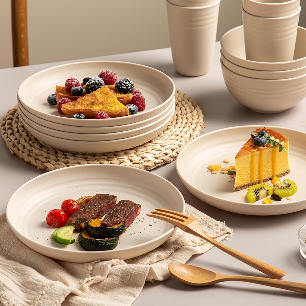 18PCS Wheat Straw Dinnerware Set - Unbreakable, Microwave & Dishwasher Safe Plates, Bowls, Cups for Kitchen & Outdoor Dining