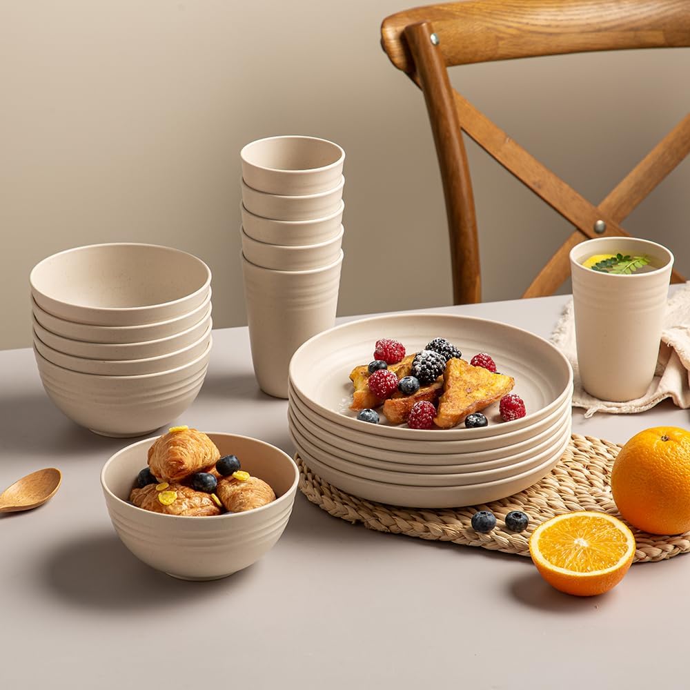 18PCS Wheat Straw Dinnerware Set - Unbreakable, Microwave & Dishwasher Safe Plates, Bowls, Cups for Kitchen & Outdoor Dining