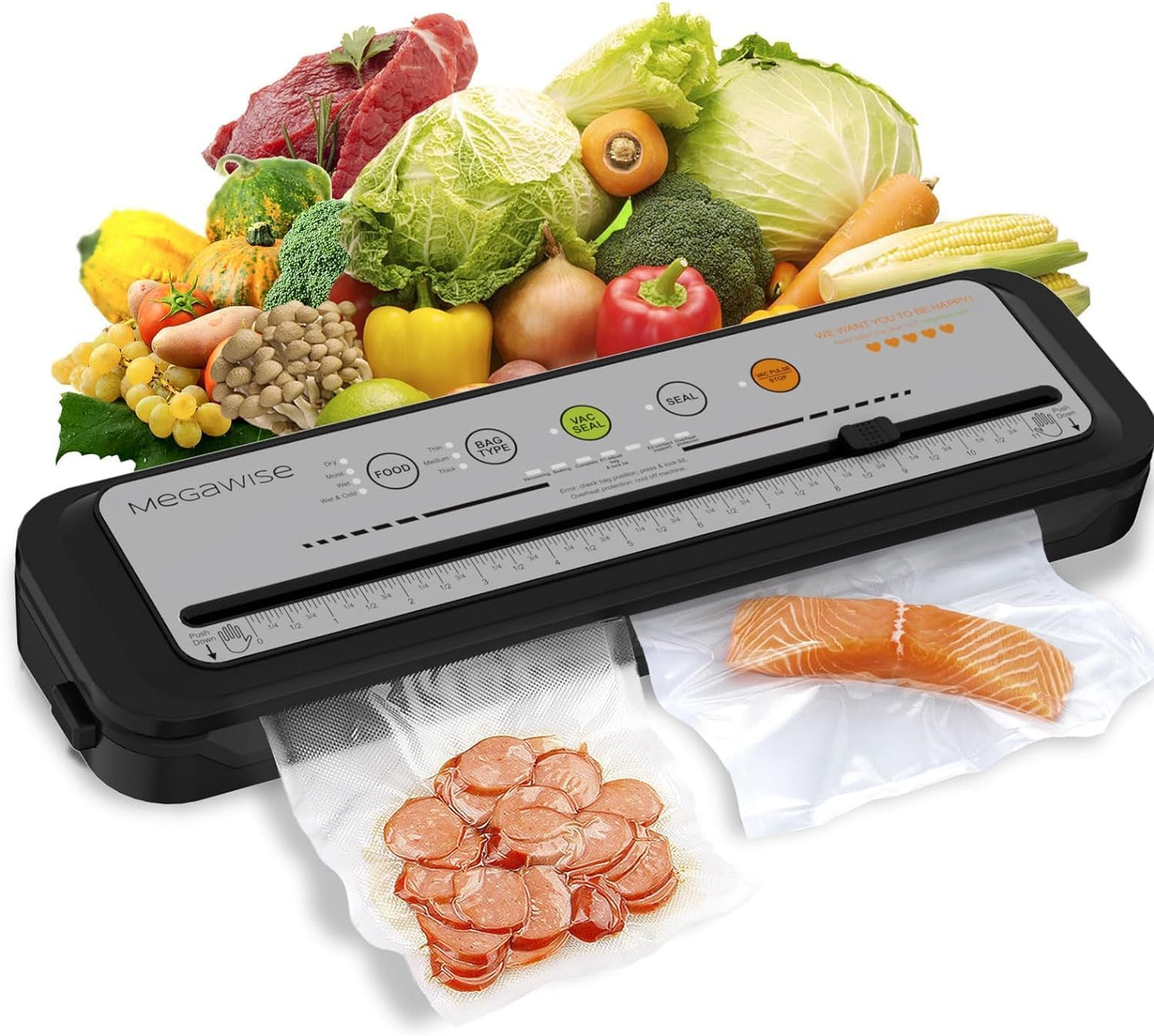 MEGAWISE 2025 Vacuum Sealer – Compact, One-Touch, Multi-Mode with Bags & Cutter (Grey)