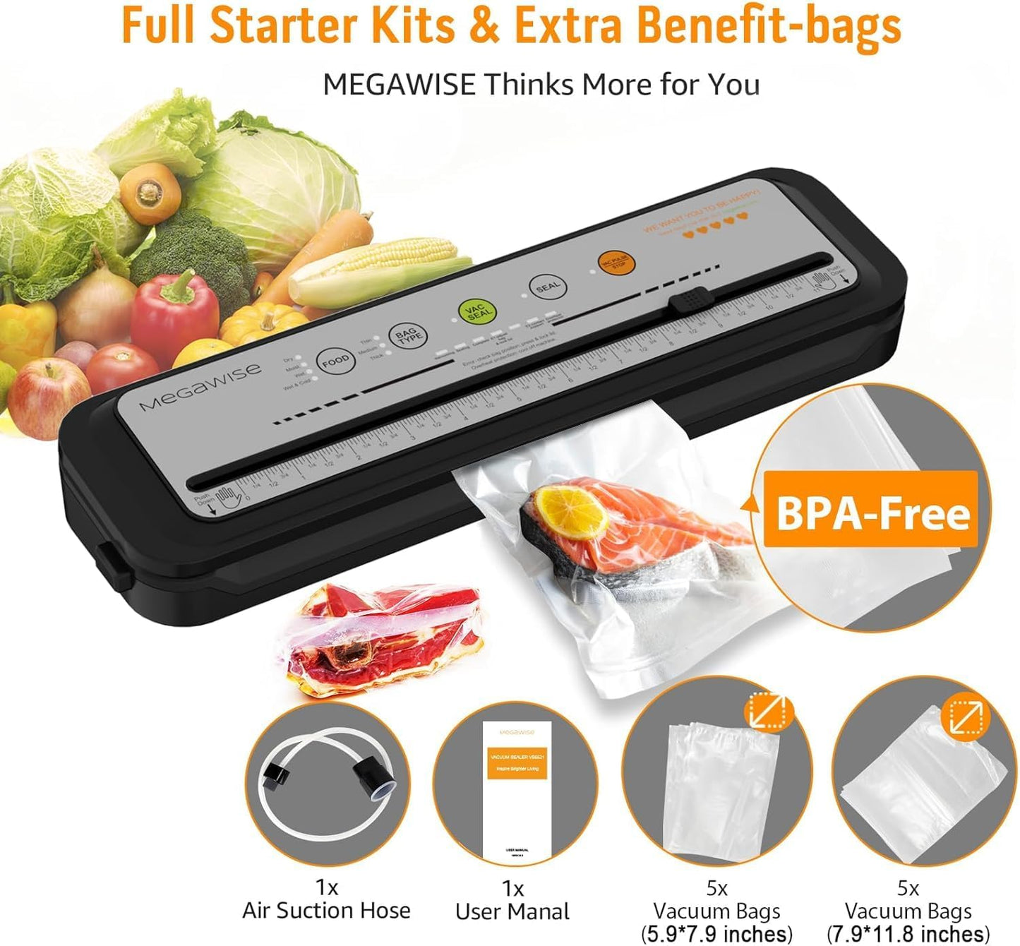 MEGAWISE 2025 Vacuum Sealer – Compact, One-Touch, Multi-Mode with Bags & Cutter (Grey)