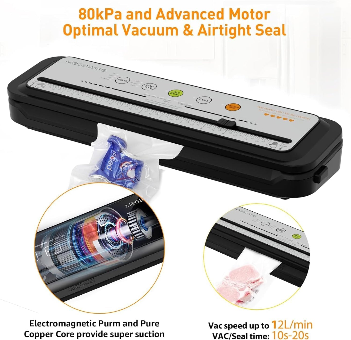 MEGAWISE 2025 Vacuum Sealer – Compact, One-Touch, Multi-Mode with Bags & Cutter (Grey)