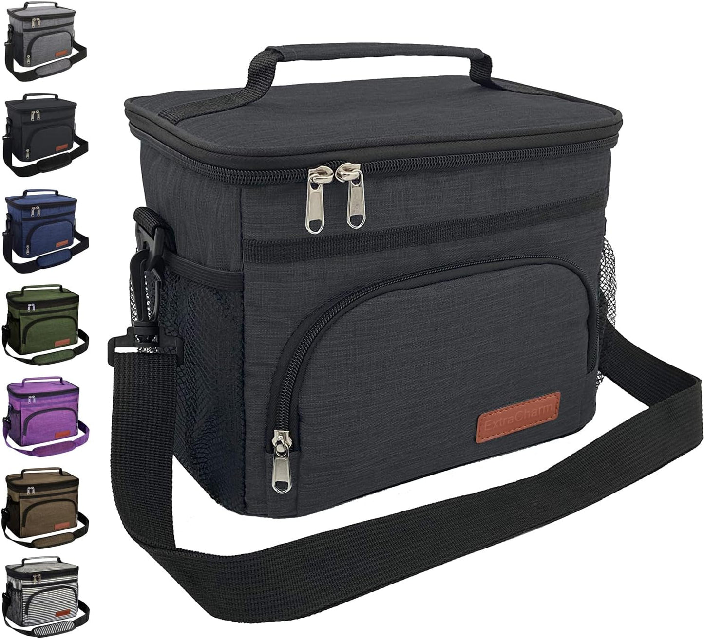 ExtraCharm Insulated Lunch Bag – Leakproof & Reusable Cooler Tote with Strap for Adults (Black)
