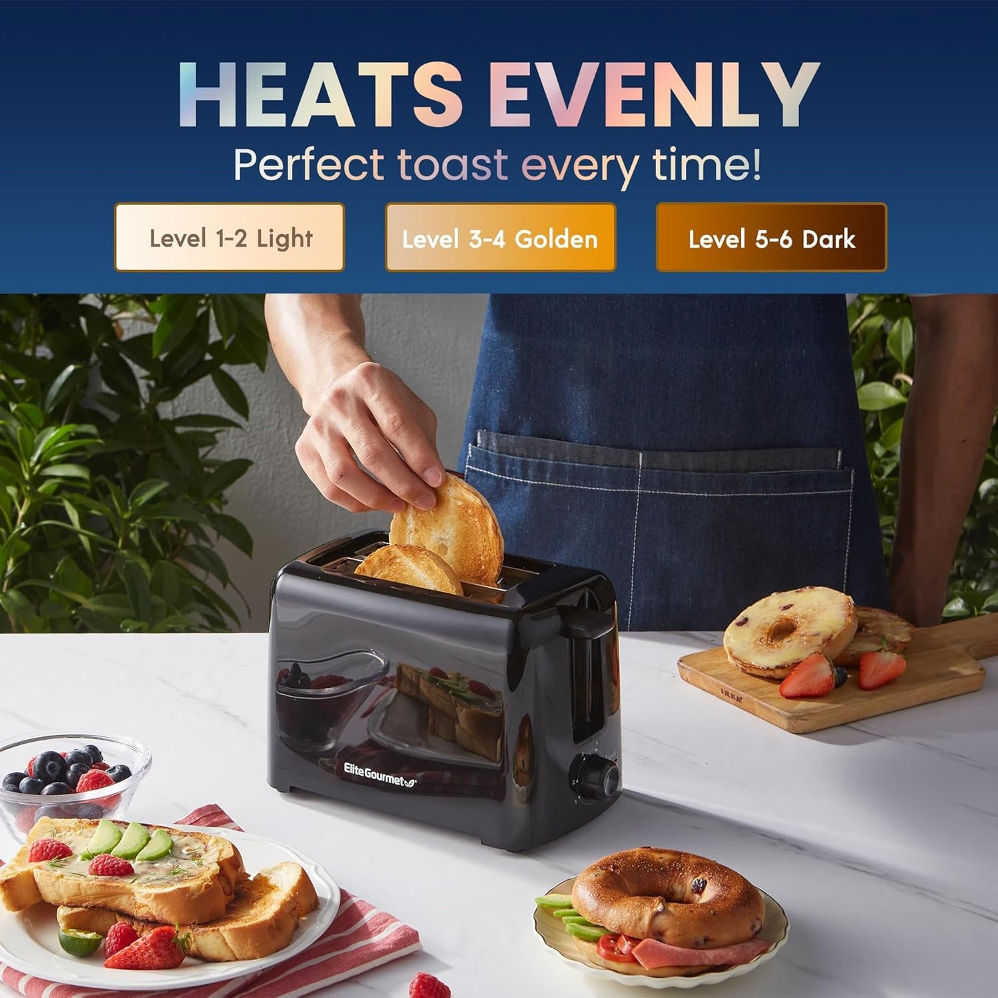 Elite Gourmet 2-Slice Toaster – Cool Touch, 6 Settings, Extra-Wide Slots (Black)