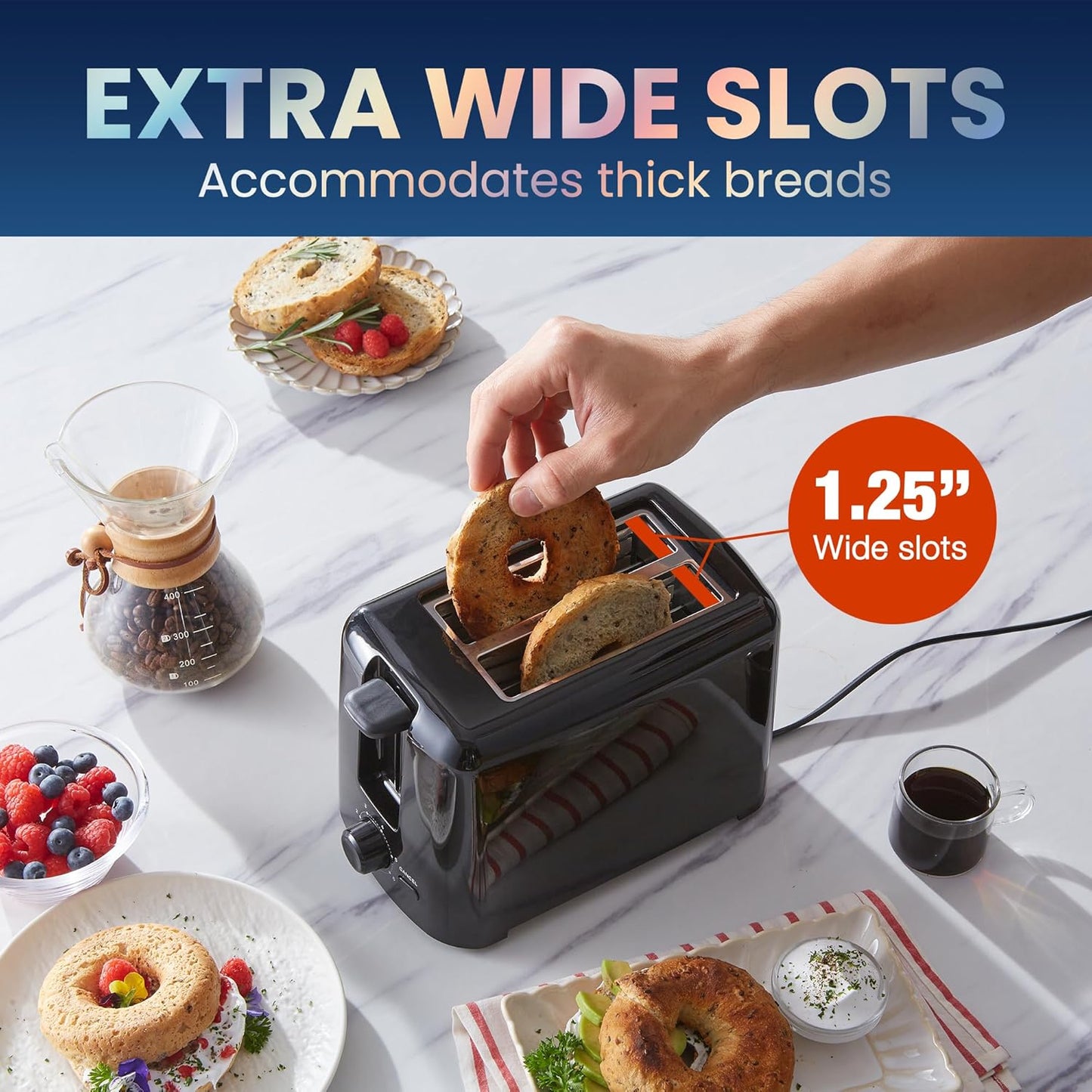 Elite Gourmet 2-Slice Toaster – Cool Touch, 6 Settings, Extra-Wide Slots (Black)