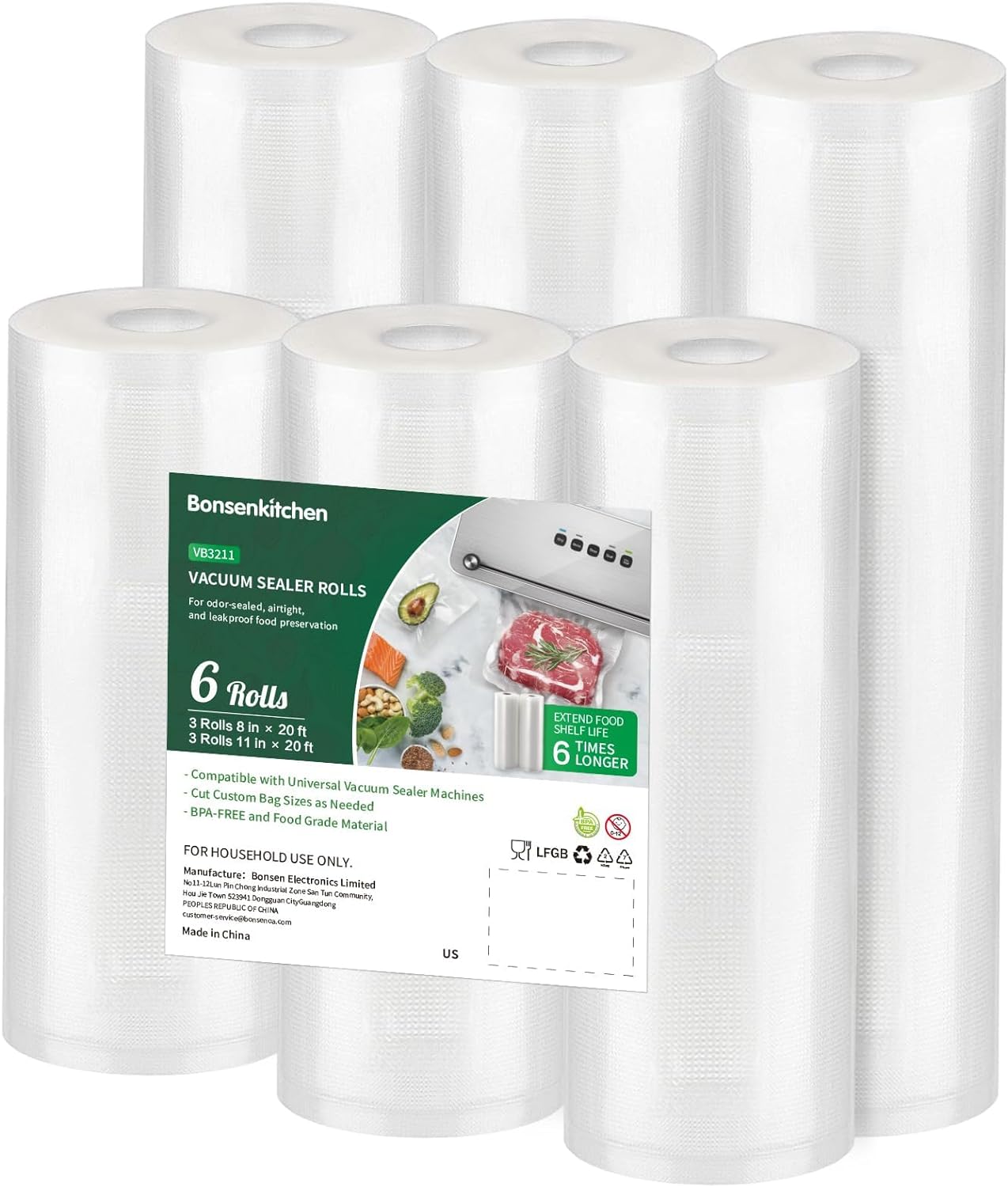 Bonsenkitchen Vacuum Sealer Bags – 6 Rolls, BPA-Free, for Storage & Sous Vide (VB3211)