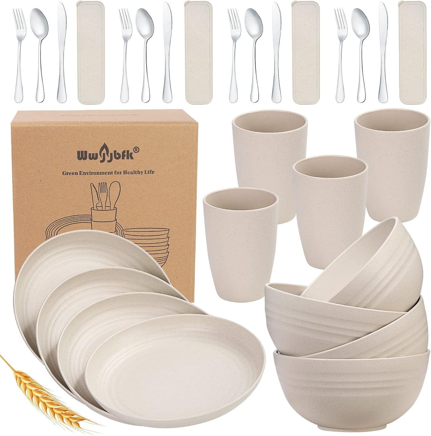 28PCS Wheat Straw Dinnerware Set for 4 - Plates, Bowls & Cutlery Set (Beige)