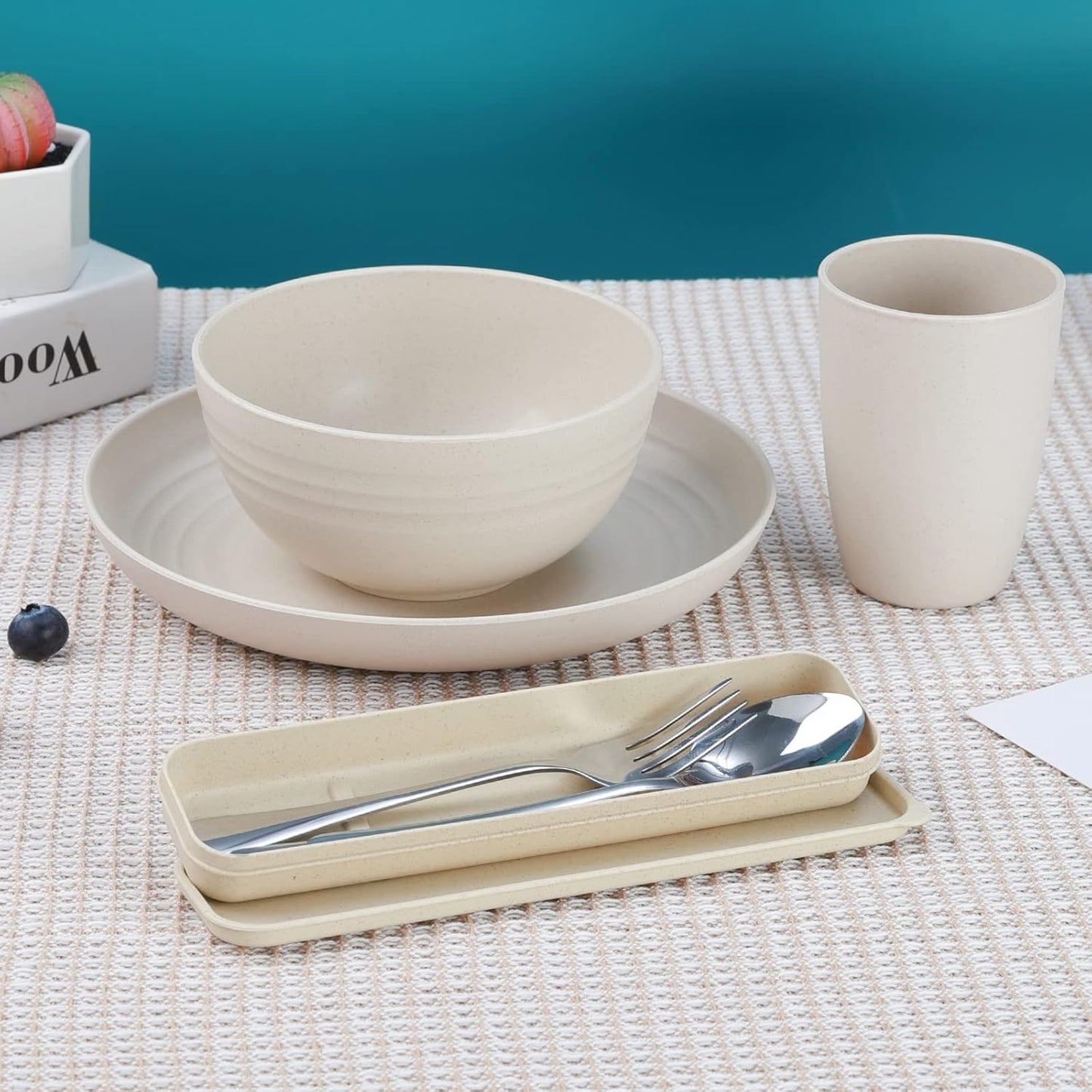 28PCS Wheat Straw Dinnerware Set for 4 - Plates, Bowls & Cutlery Set (Beige)