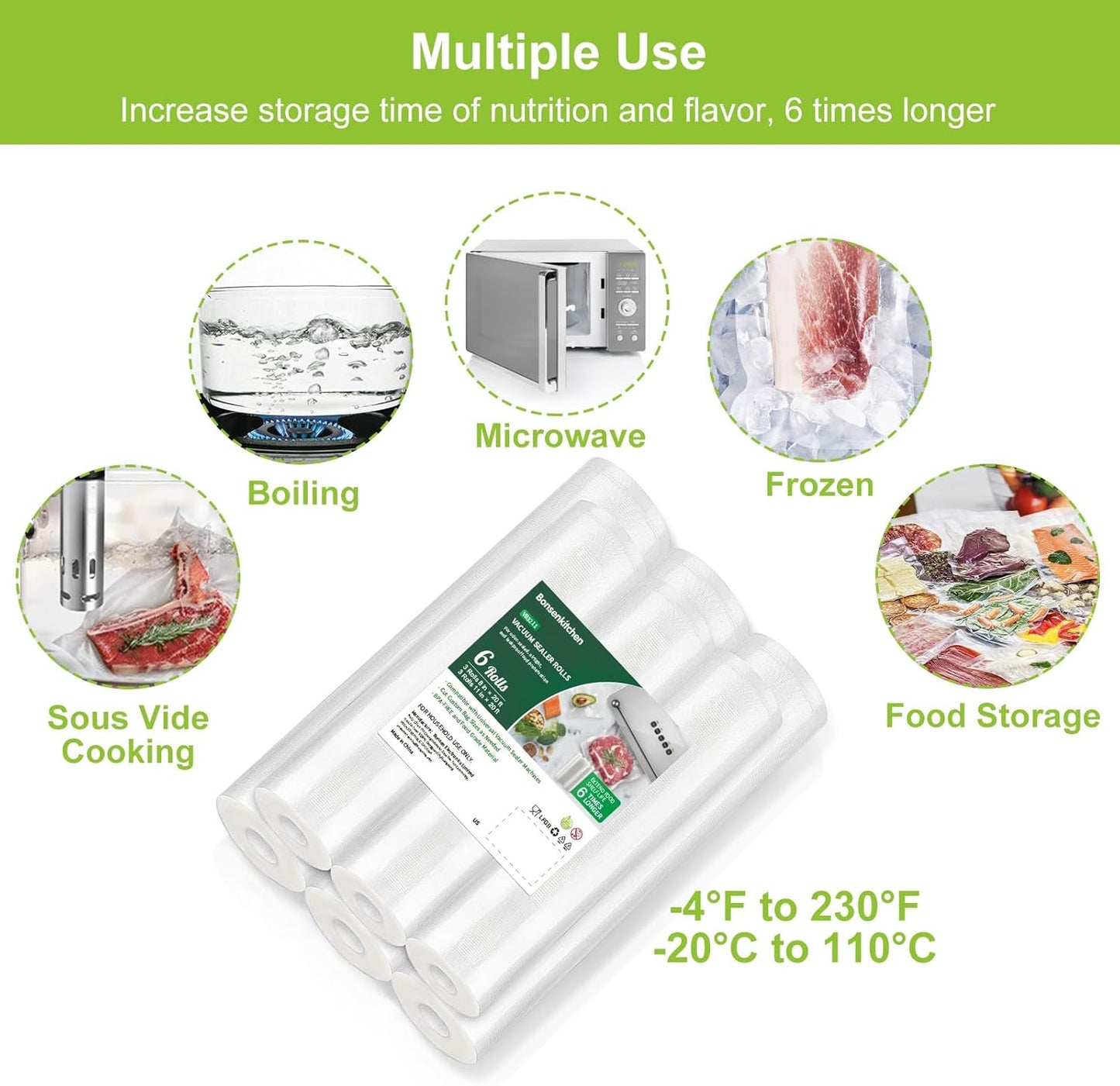 Bonsenkitchen Vacuum Sealer Bags – 6 Rolls, BPA-Free, for Storage & Sous Vide (VB3211)