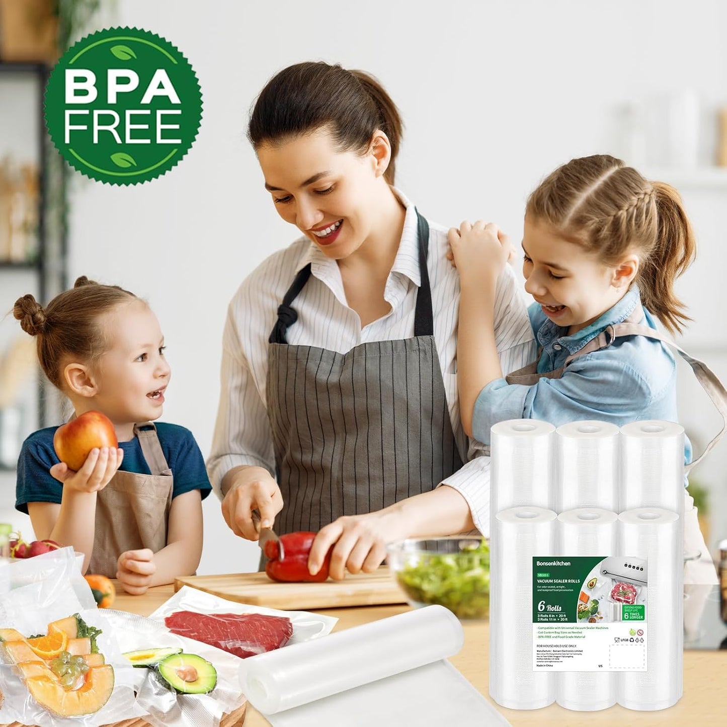 Bonsenkitchen Vacuum Sealer Bags – 6 Rolls, BPA-Free, for Storage & Sous Vide (VB3211)